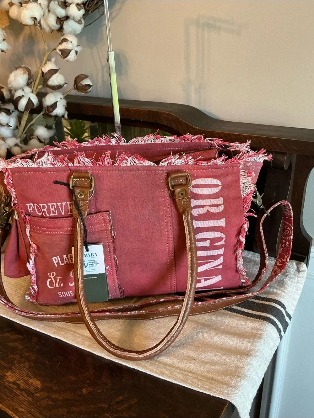 NWT Myra Bag Coastal Steel Upcyclyed Canvas Shoulder Bag Tote Crossbody Red $65